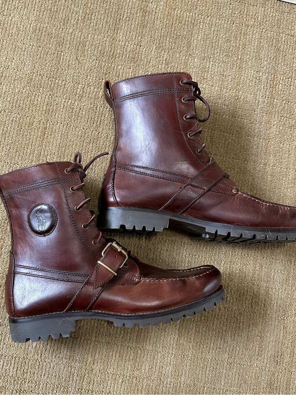 Vintage Style Polo Ralph Lauren Brown Leather Combat Moto Boots Mens 10.5